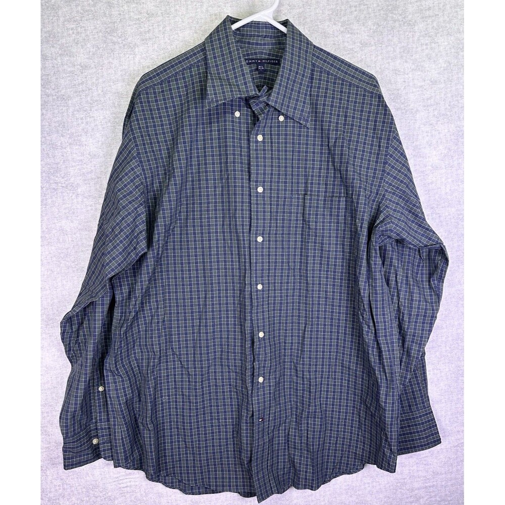 Tommy Hilfiger Mens L 16.5 34-35 Blue Green Checkered Plaid LS Button Up Shirt L